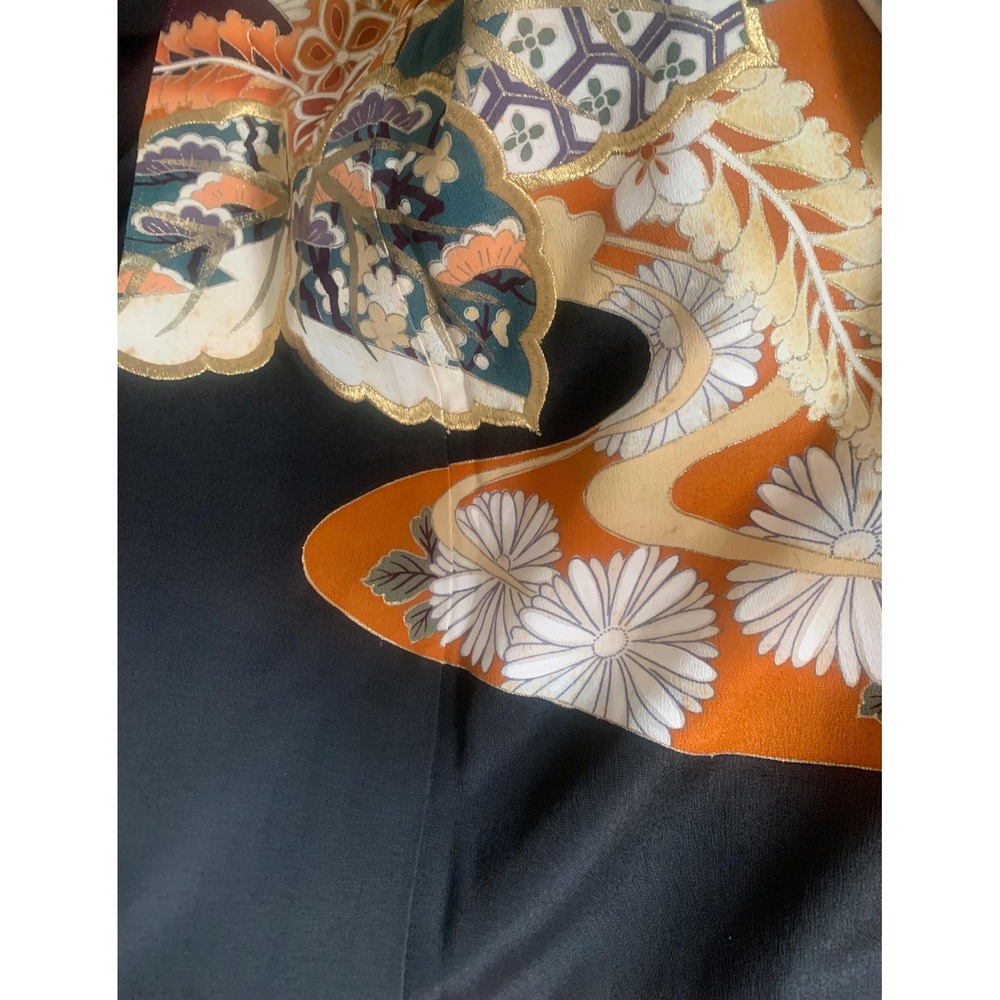 Vintage Silk Kimono Furisode Robe Unisex OS Black Excellent Embroidered Japan - Picture 10 of 13